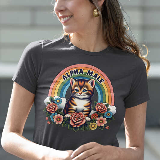 Alpha Male: Sarcastic Fun with an Adorable Kitten, Rainbow, and Flowers on White - Unisex Jersey Short Sleeve Tee