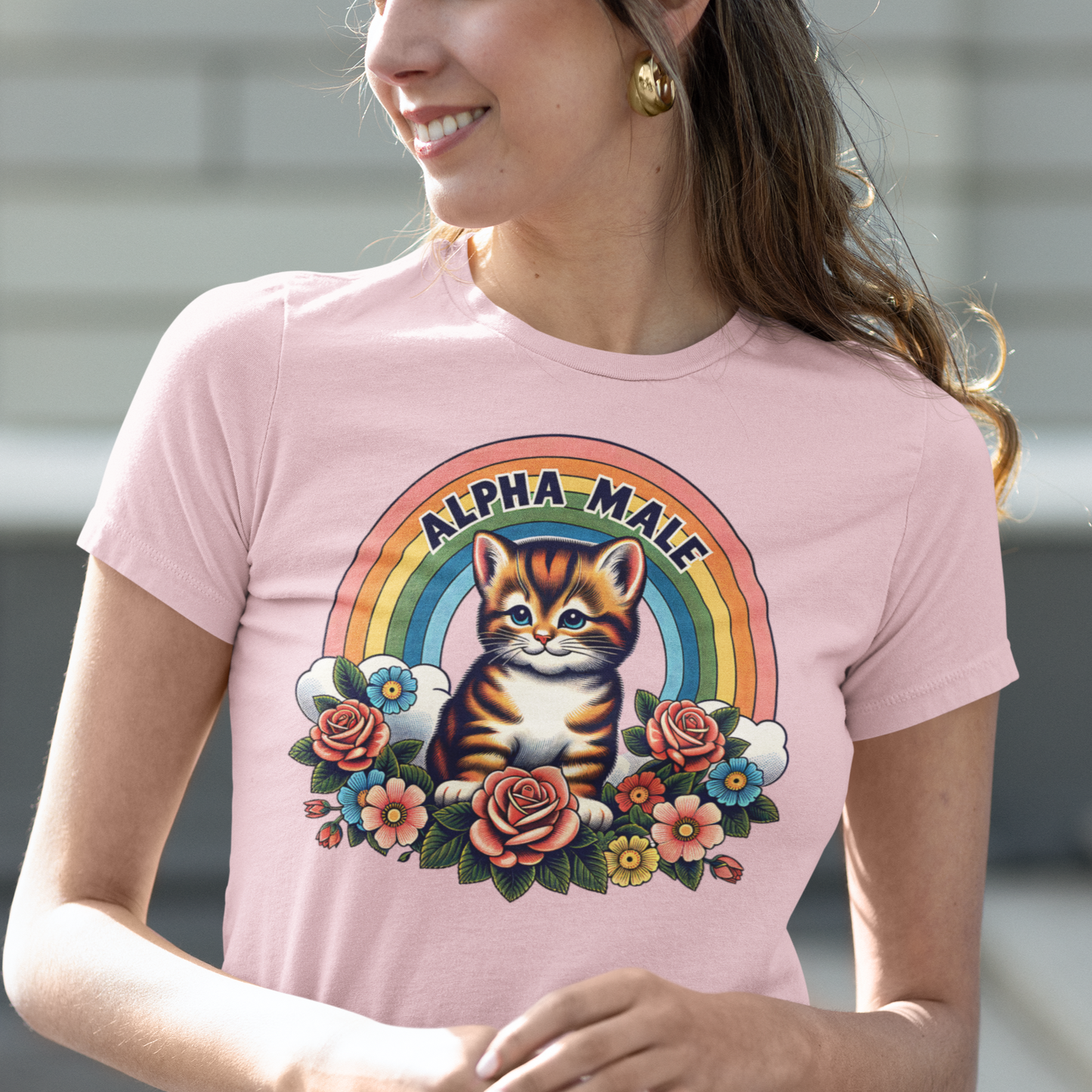 Alpha Male: Sarcastic Fun with an Adorable Kitten, Rainbow, and Flowers on White - Unisex Jersey Short Sleeve Tee