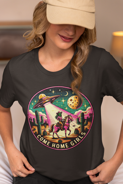 Come Home, Girls - Alien Cowgirl T-Shirt | Vibrant & Pastel Options Available Unisex Jersey Short Sleeve Tee