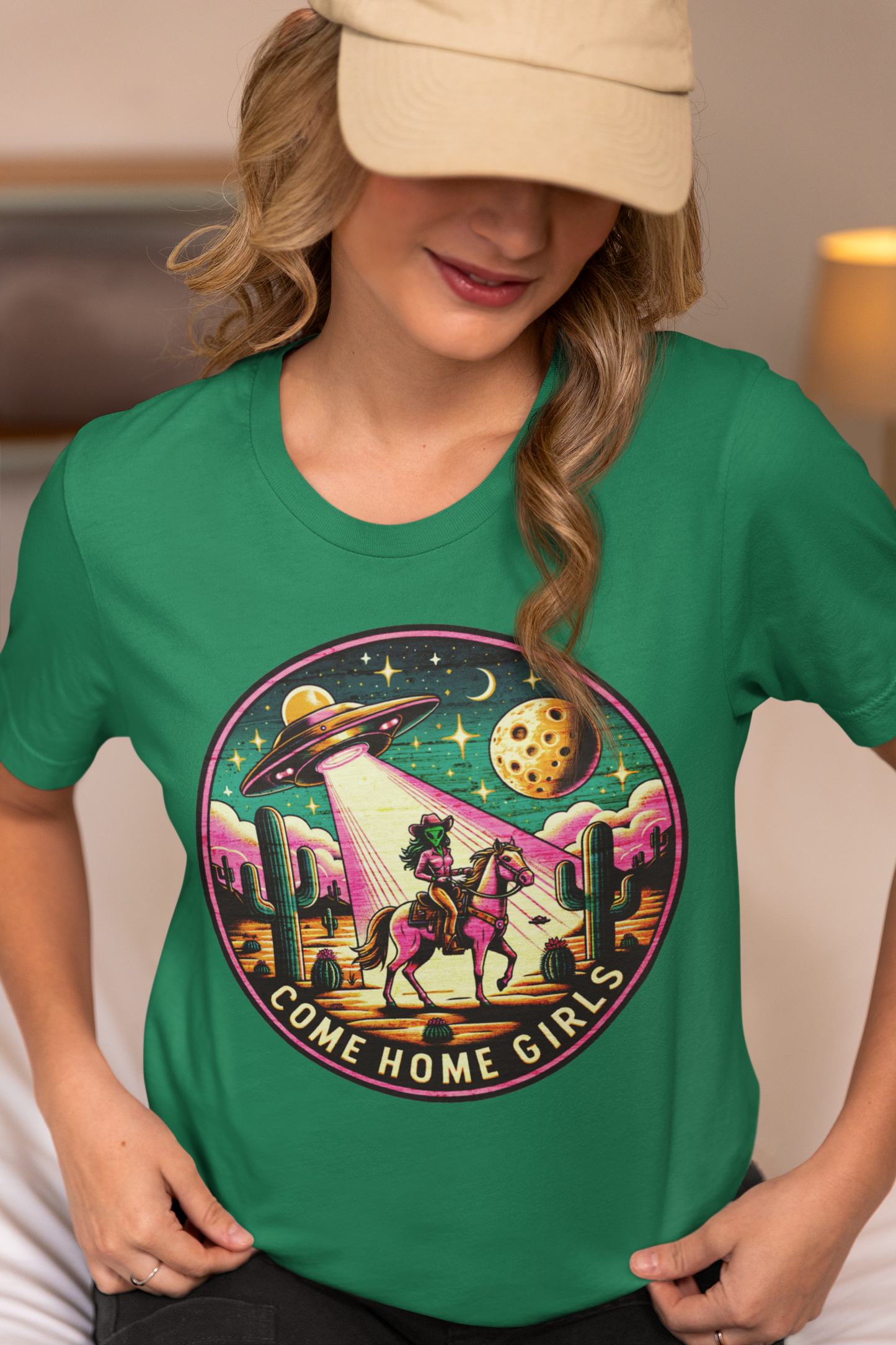 Come Home, Girls - Alien Cowgirl T-Shirt | Vibrant & Pastel Options Available Unisex Jersey Short Sleeve Tee