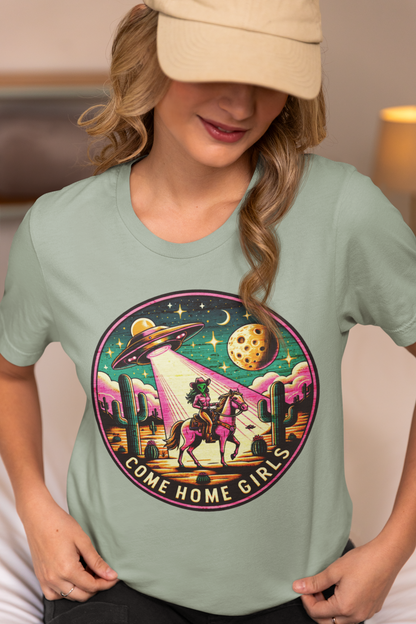 Come Home, Girls - Alien Cowgirl T-Shirt | Vibrant & Pastel Options Available Unisex Jersey Short Sleeve Tee