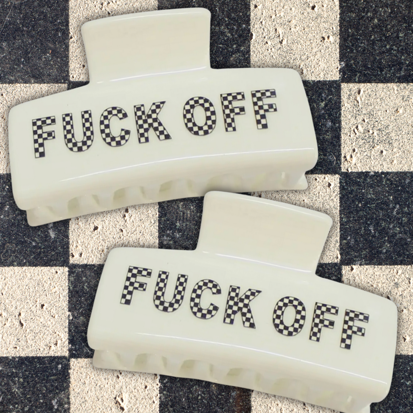 Acrylic Checker 'FUCK OFF' Print Hair Claw - 3.1'' Wide with a Black Velvet Moon & Stars Jewelry Drawstring Gift Bag