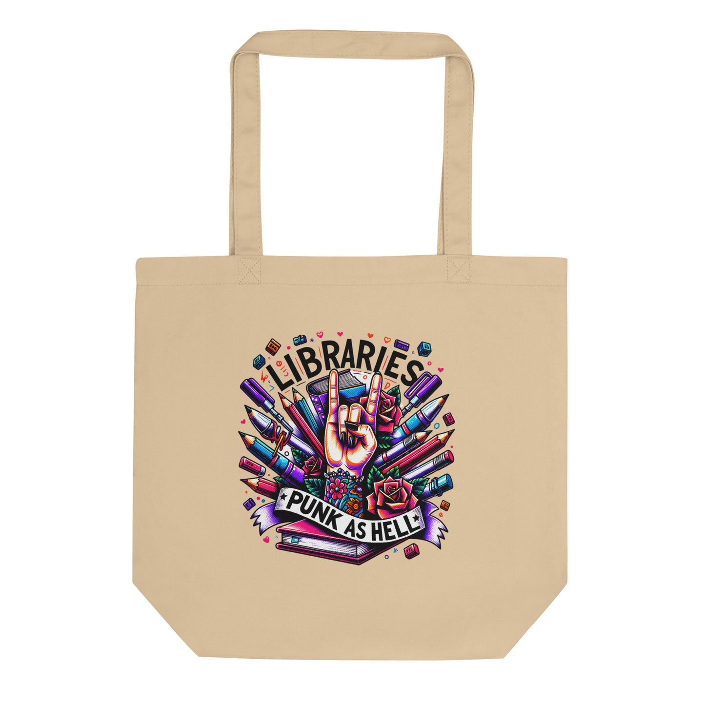 Library Lover's Organic Cotton ECO-Tote Bag - 'Libraries-Punk as Hell' Design - Natural