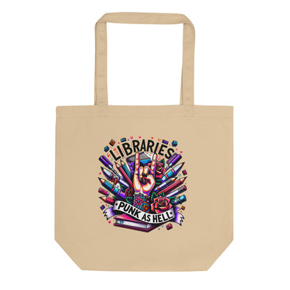 Library Lover's Organic Cotton ECO-Tote Bag - 'Libraries-Punk as Hell' Design - Natural