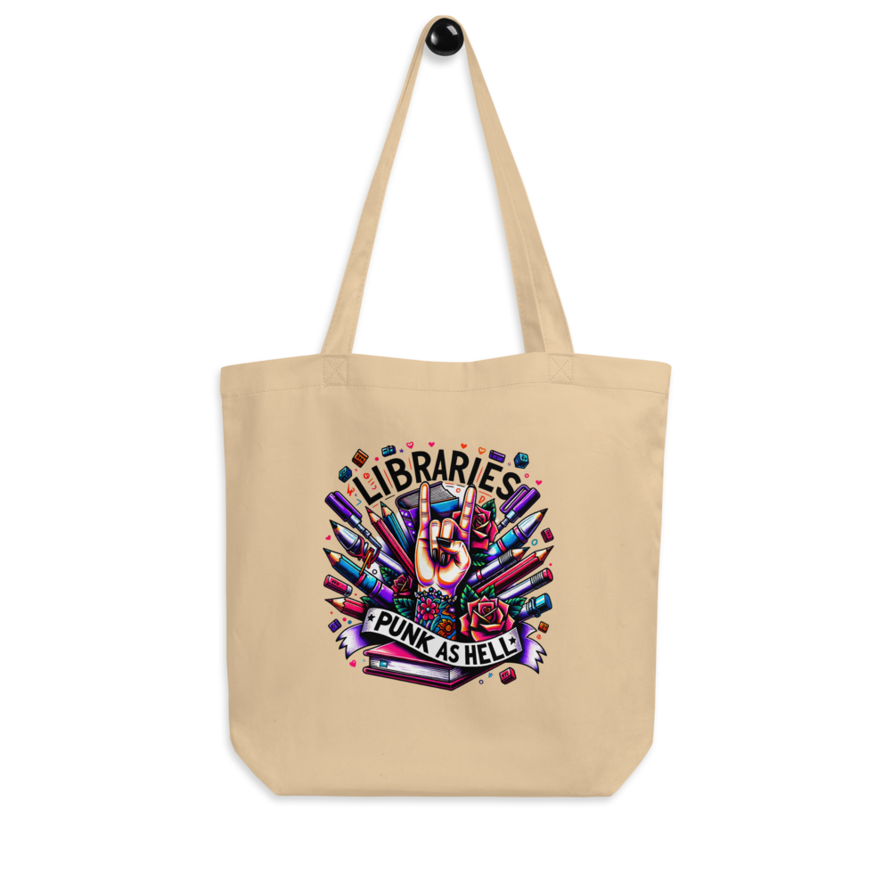 Library Lover's Organic Cotton ECO-Tote Bag - 'Libraries-Punk as Hell' Design - Natural