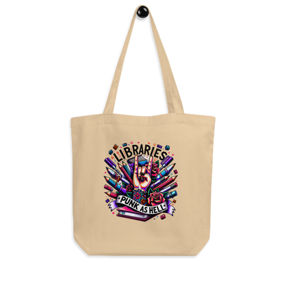 Library Lover's Organic Cotton ECO-Tote Bag - 'Libraries-Punk as Hell' Design - Natural