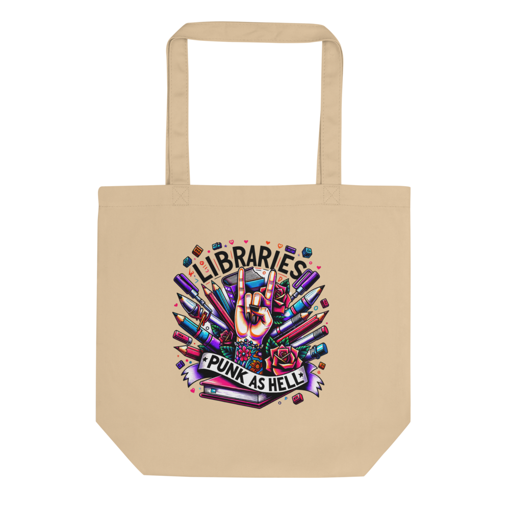 Library Lover's Organic Cotton ECO-Tote Bag - 'Libraries-Punk as Hell' Design - Natural