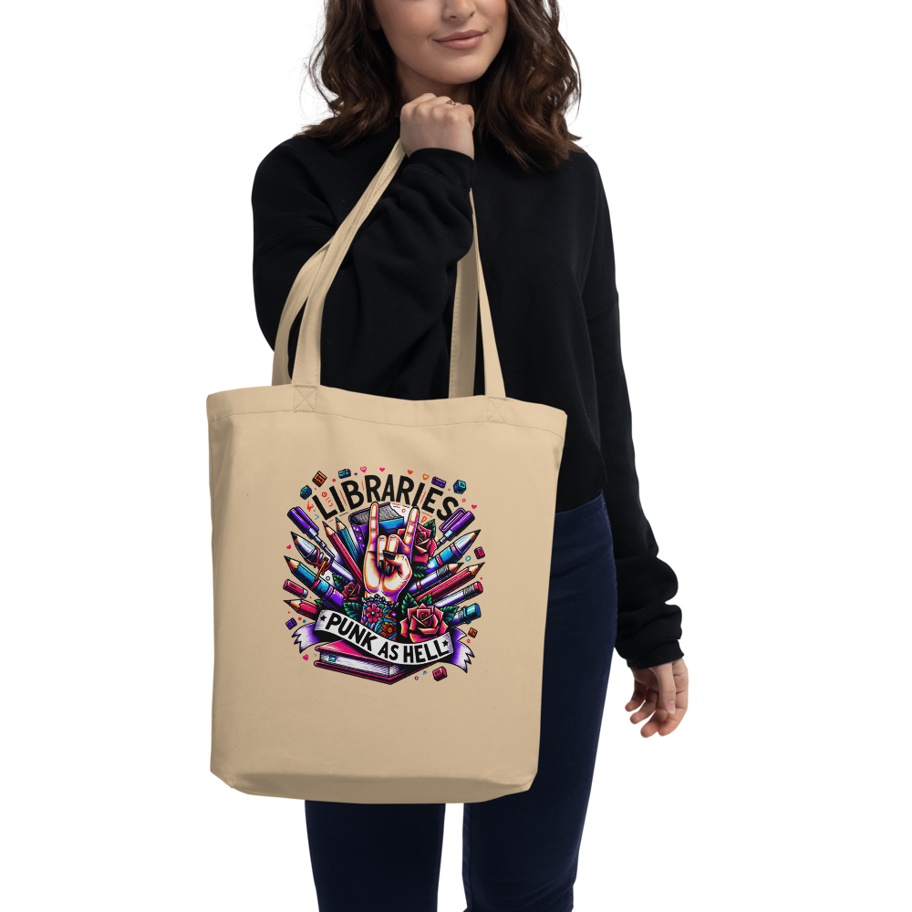 Library Lover's Organic Cotton ECO-Tote Bag - 'Libraries-Punk as Hell' Design - Natural