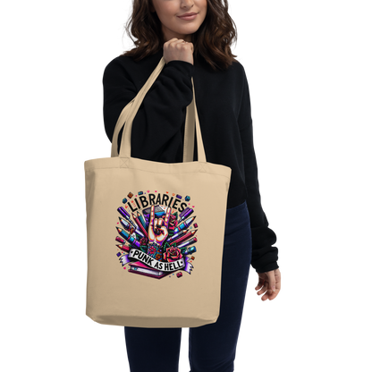 Library Lover's Organic Cotton ECO-Tote Bag - 'Libraries-Punk as Hell' Design - Natural