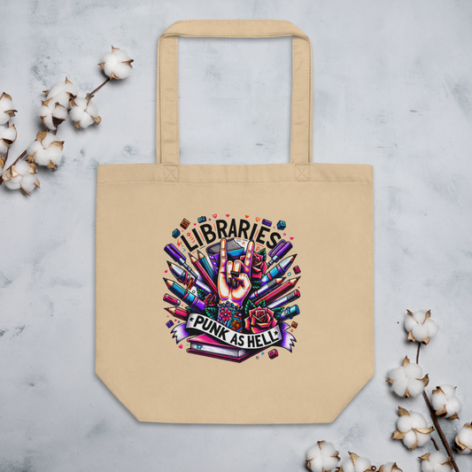 Library Lover's Organic Cotton ECO-Tote Bag - 'Libraries-Punk as Hell' Design - Natural