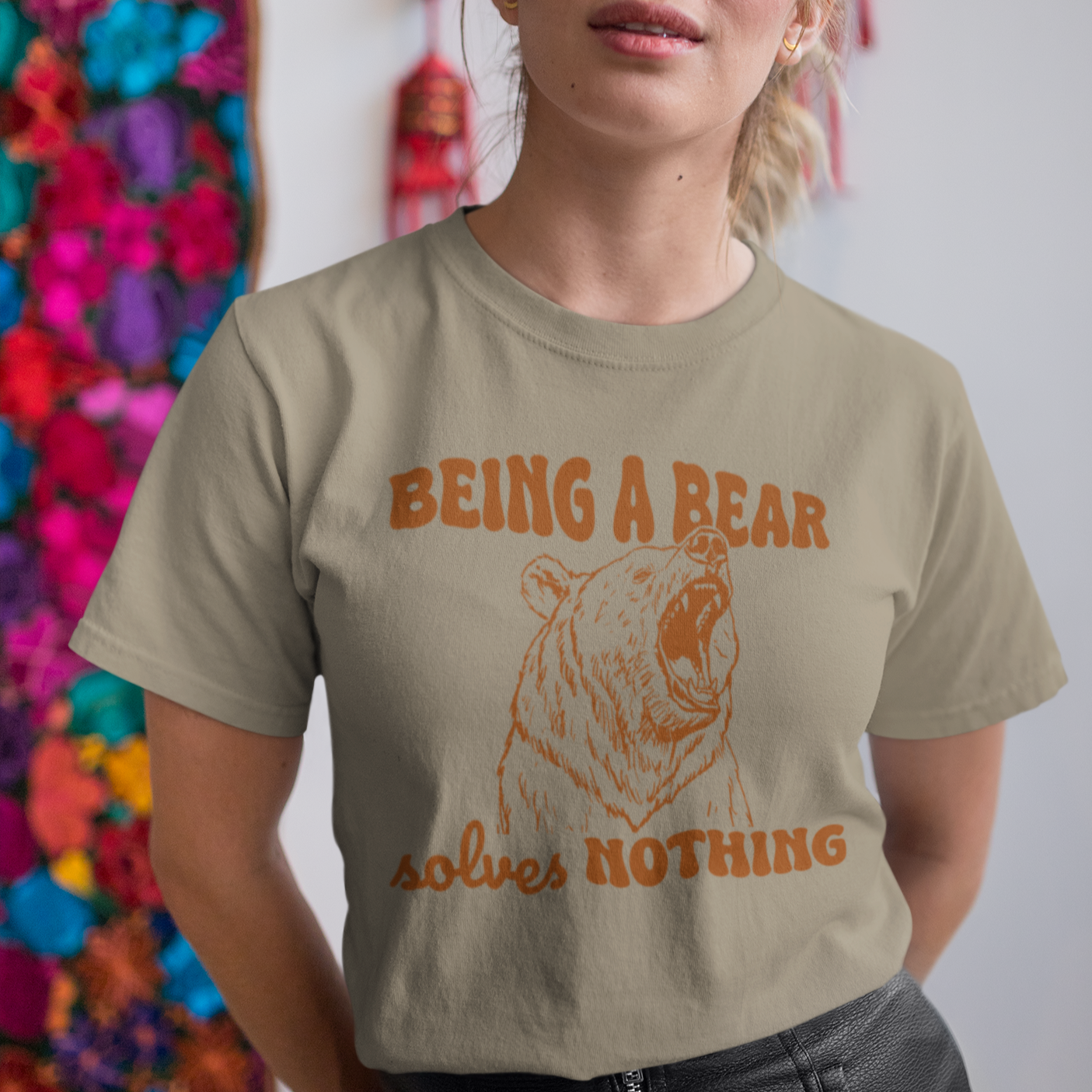 Comfort Colors Unisex Oversized T-Shirt - 'Being A Bear Solves Nothing' Retro Design | 7 Colors Available