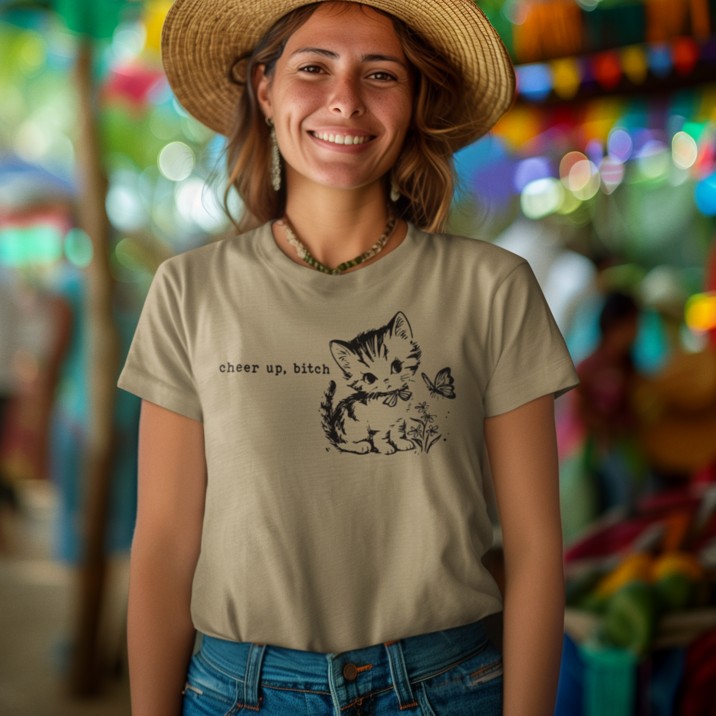 Unisex Bella Canvas T-Shirt with Kitten & "Cheer Up, Bitch" Design - 6 Colors