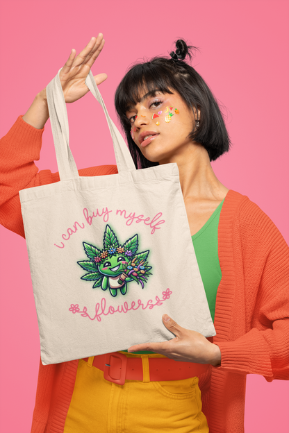 Can Buy Myself Flowers-Cannabis Mascot Tote Bag 100% Cotton Canvas Tote Bag Natural or Black 15" x 16"