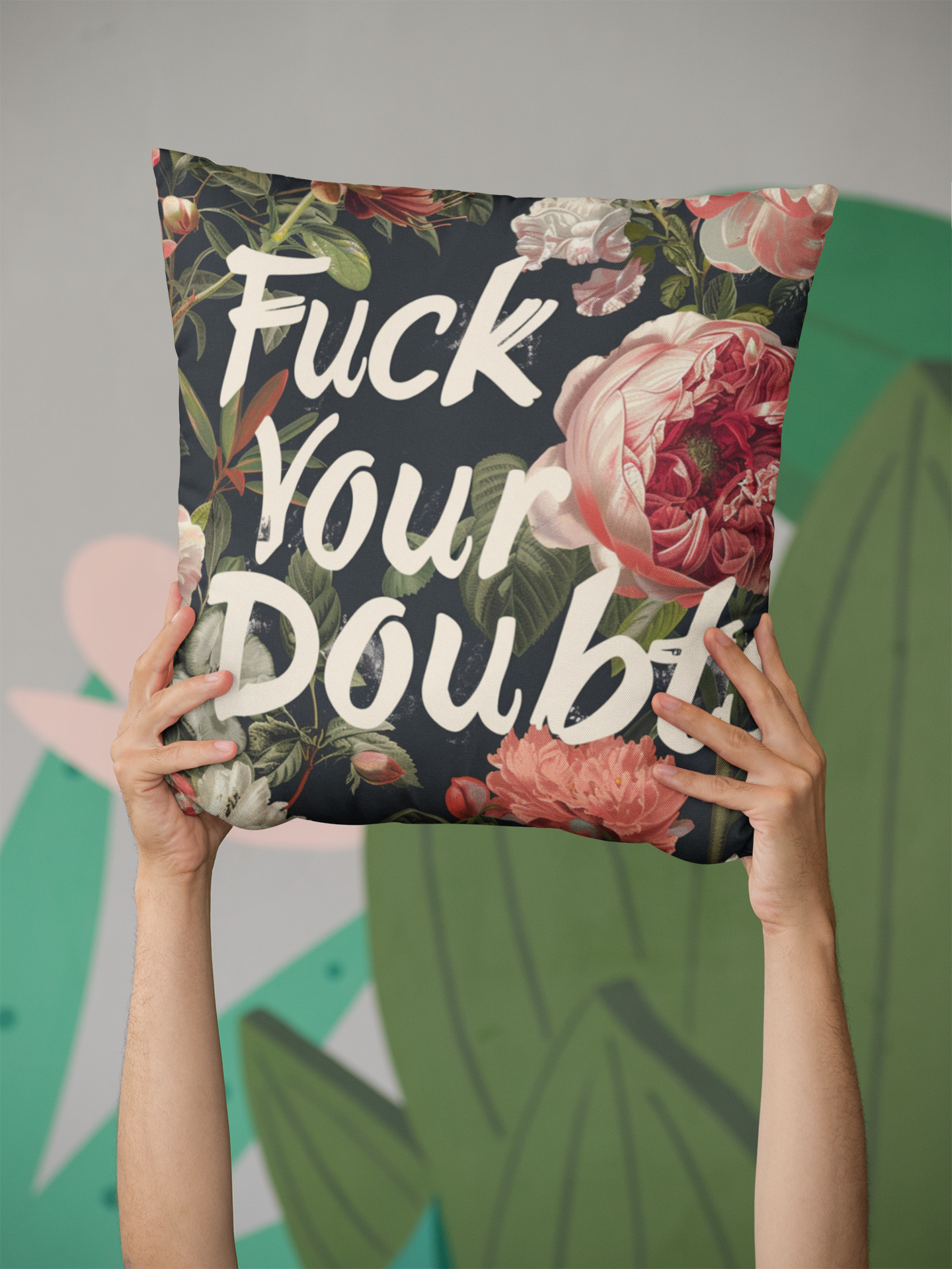 Funny Double-Sided Throw Pillow "Fuck Your Doubts" with a Dog Hair Twist 4 Sizes l Spun Polyester Square Pillow