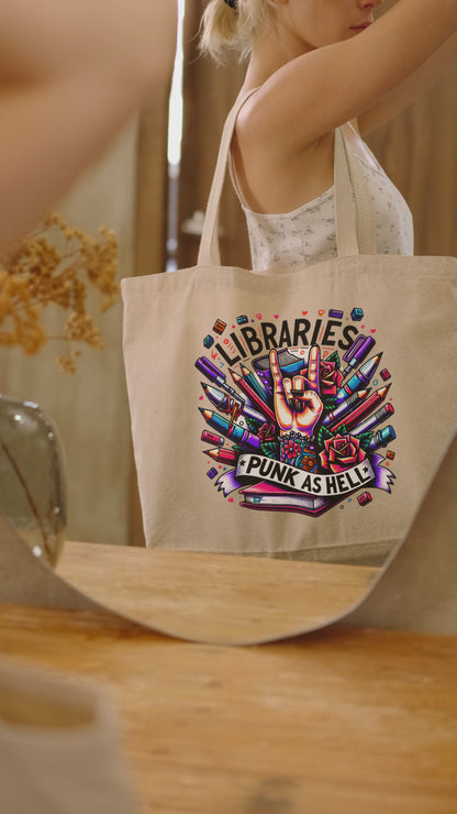 Library Lover's Organic Cotton ECO-Tote Bag - 'Libraries-Punk as Hell' Design - Natural