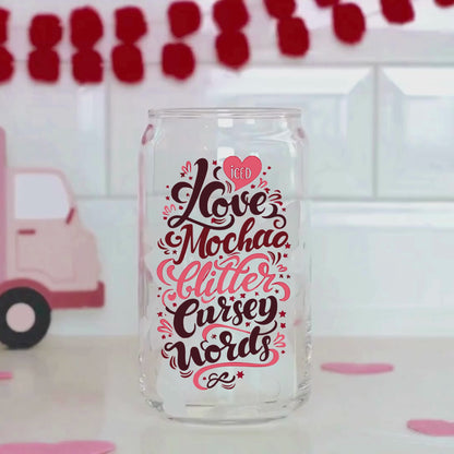 Exclusive Design 16 oz Glass Cup with Iced Mocha Love, Glitter Glam, and a Dash of Sassy Charm!