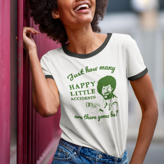 Bob Ross Happy Accident Inspired Next Level Ringer Unisex Cotton Tee in 3 Classic Colors