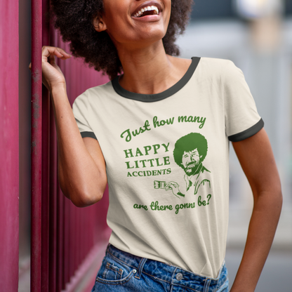 Bob Ross Happy Accident Inspired Next Level Ringer Unisex Cotton Tee in 3 Classic Colors