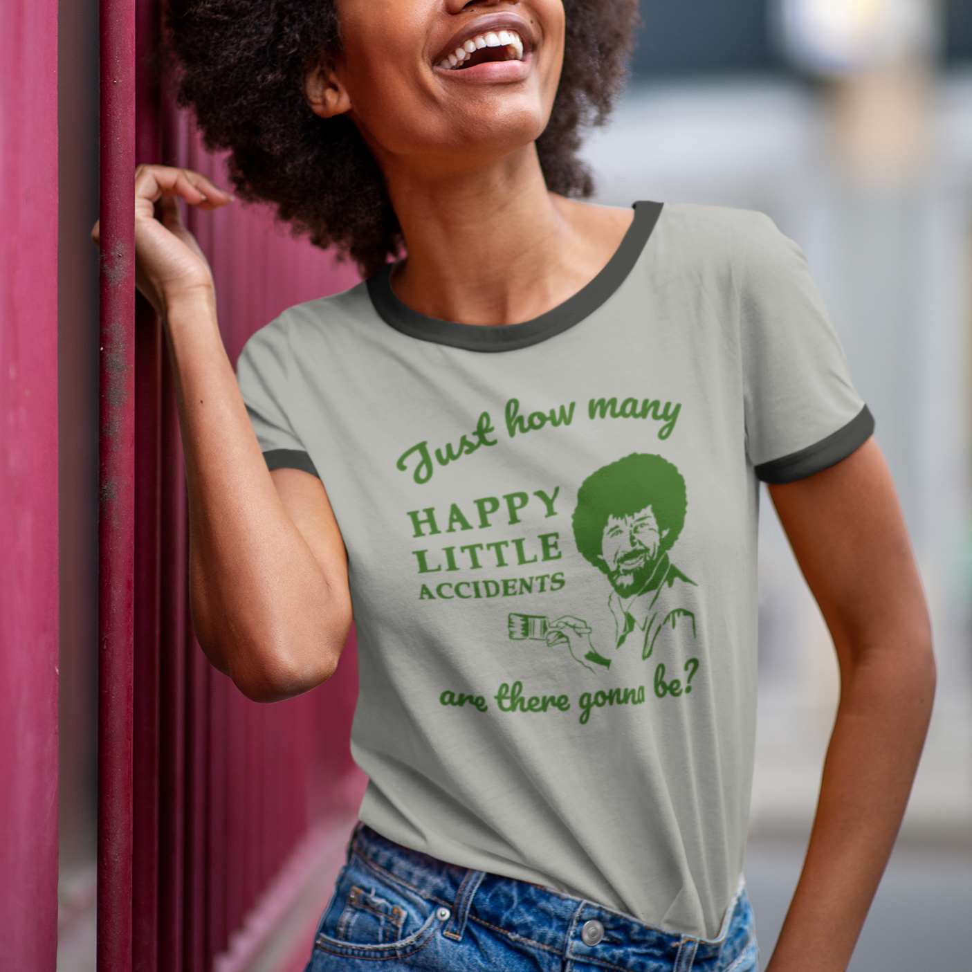 Bob Ross Happy Accident Inspired Next Level Ringer Unisex Cotton Tee in 3 Classic Colors