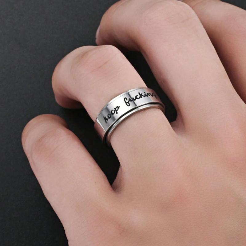 Keep Fucking Going Spinner Ring | Silver & Black Stainless Steel Anxiety Ring Includes a Novel Ring Gift Box