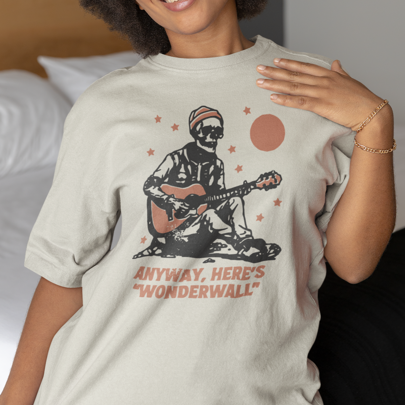 Hipster Skeleton Guitarist Tee: Anyway, Here is 'Wonderwall' Unisex Garment-Dyed T-shirt