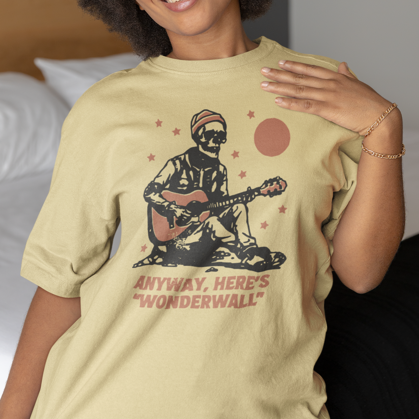 Hipster Skeleton Guitarist Tee: Anyway, Here is 'Wonderwall' Unisex Garment-Dyed T-shirt