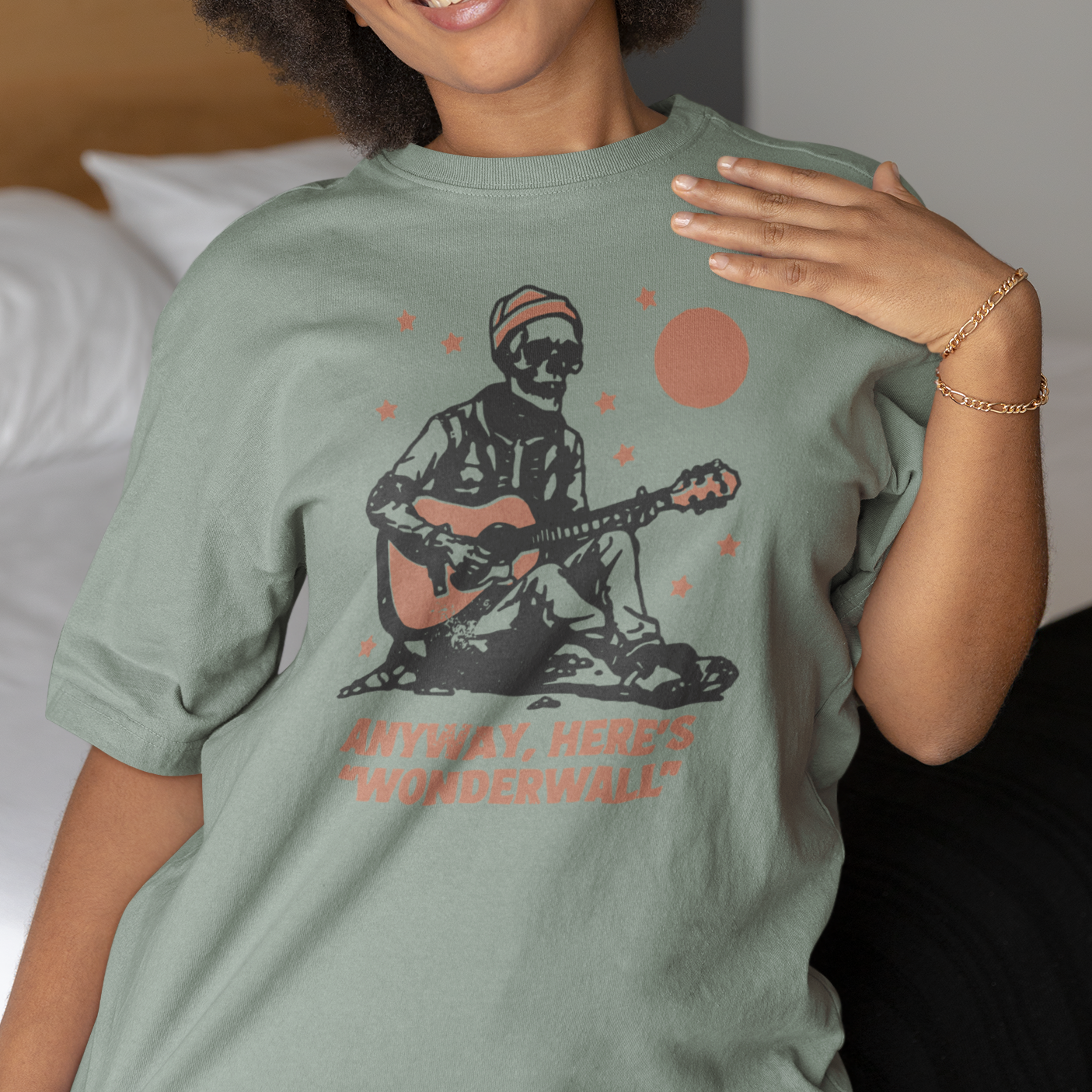 Hipster Skeleton Guitarist Tee: Anyway, Here is 'Wonderwall' Unisex Garment-Dyed T-shirt