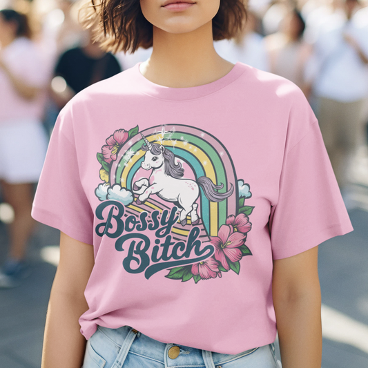 Vintage Bossy Bitch Coquette Unisex Oversized T-Shirt Pastel Rainbow & Unicorn Design