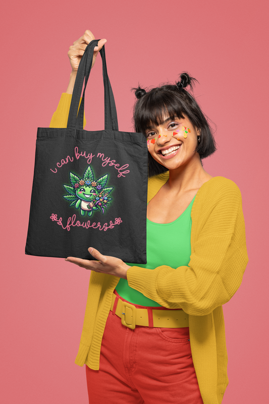 Can Buy Myself Flowers-Cannabis Mascot Tote Bag 100% Cotton Canvas Tote Bag Natural or Black 15" x 16"