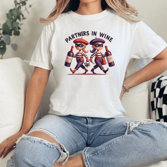 Partners in Wine Comfort Colors 1717 T-Shirt - Playful Illustrations, Whimsical Wine Heist Design in 8 Vibrant Colors Unisex Garment-Dyed